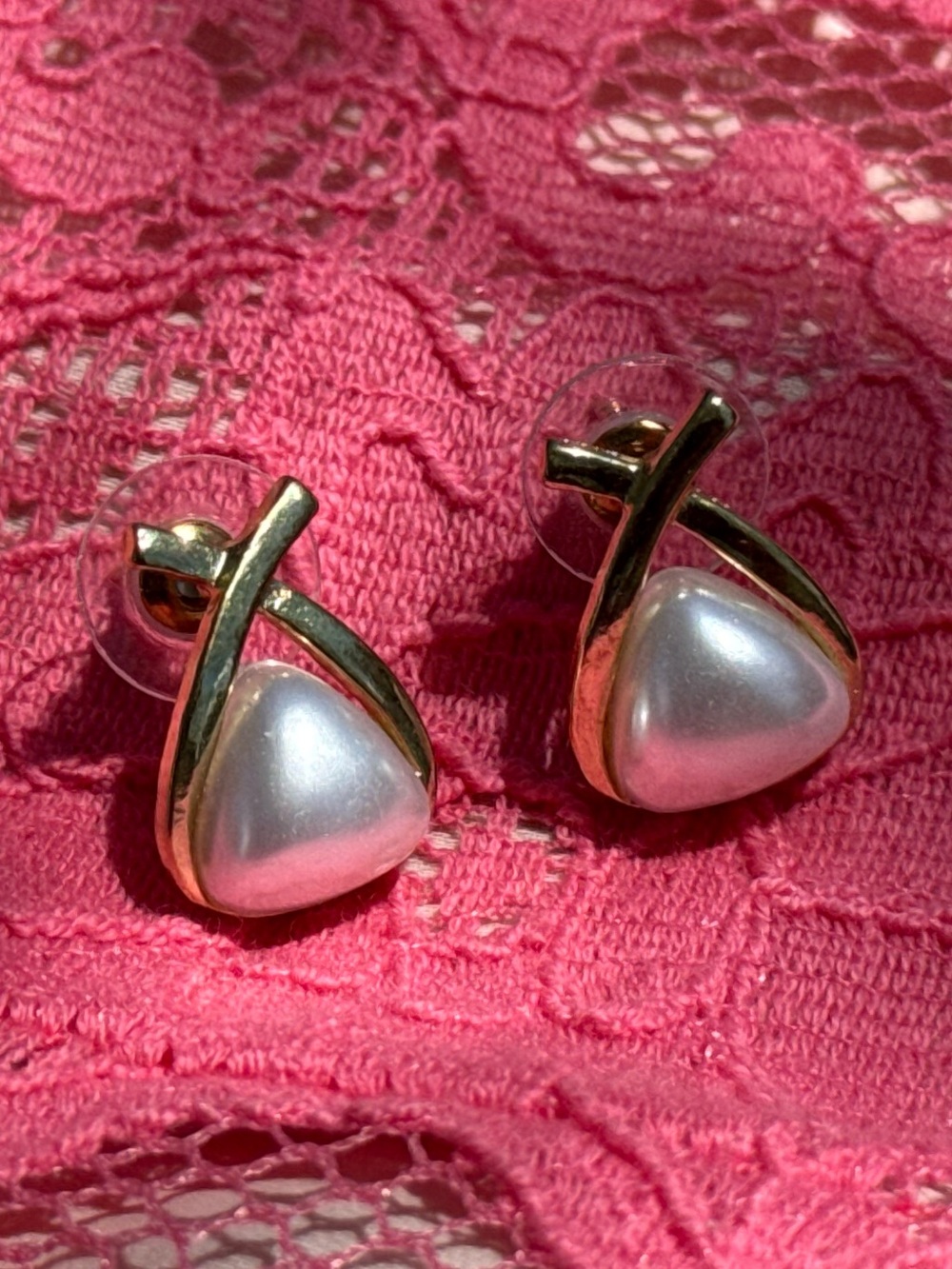 Gold-Tone Pearl Triangle Stud Earrings - White Pearl